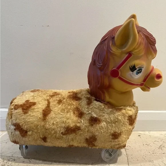 Rubber Face Horse Ride On Plush Toy Wheel Spotted Pony Rare Vintage Mid Century